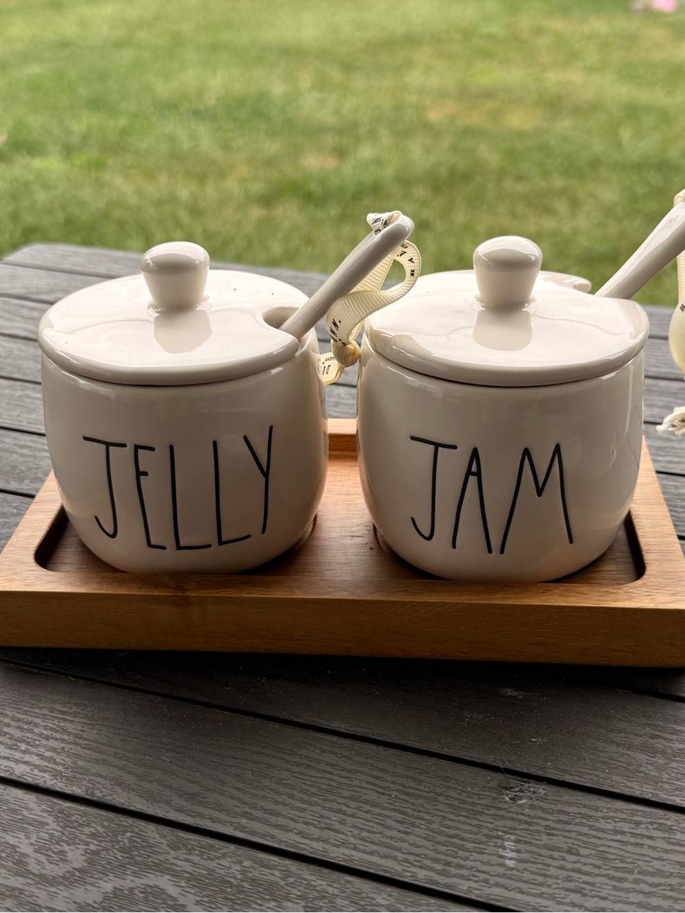 Rae Dunn White Ceramic JELLY & JAM Set with Lids and Spoons